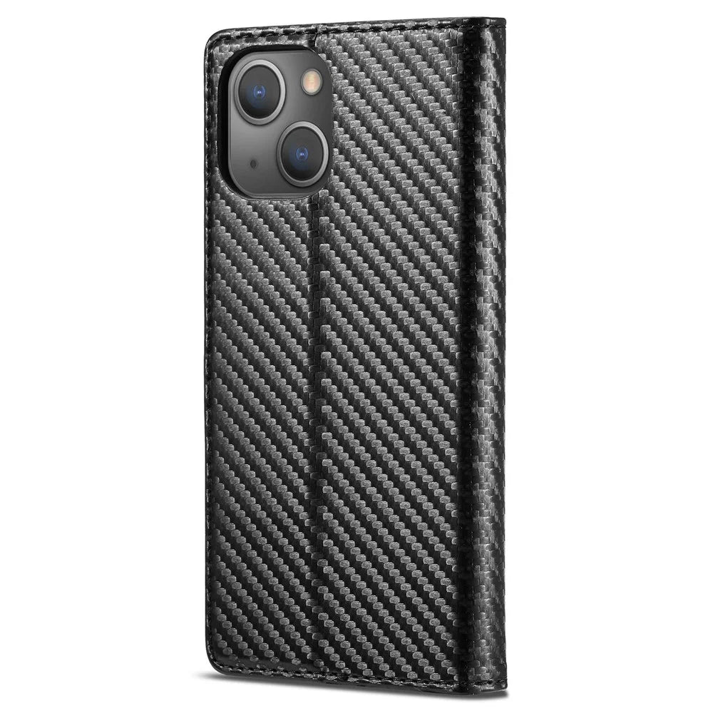 LC.IMEEKE for iPhone 14 6.1 inch Carbon Fiber Texture PU Leather Phone Wallet Stand Case Magnetic Auto Closing Protective Cover - Vertical Stripe - 7