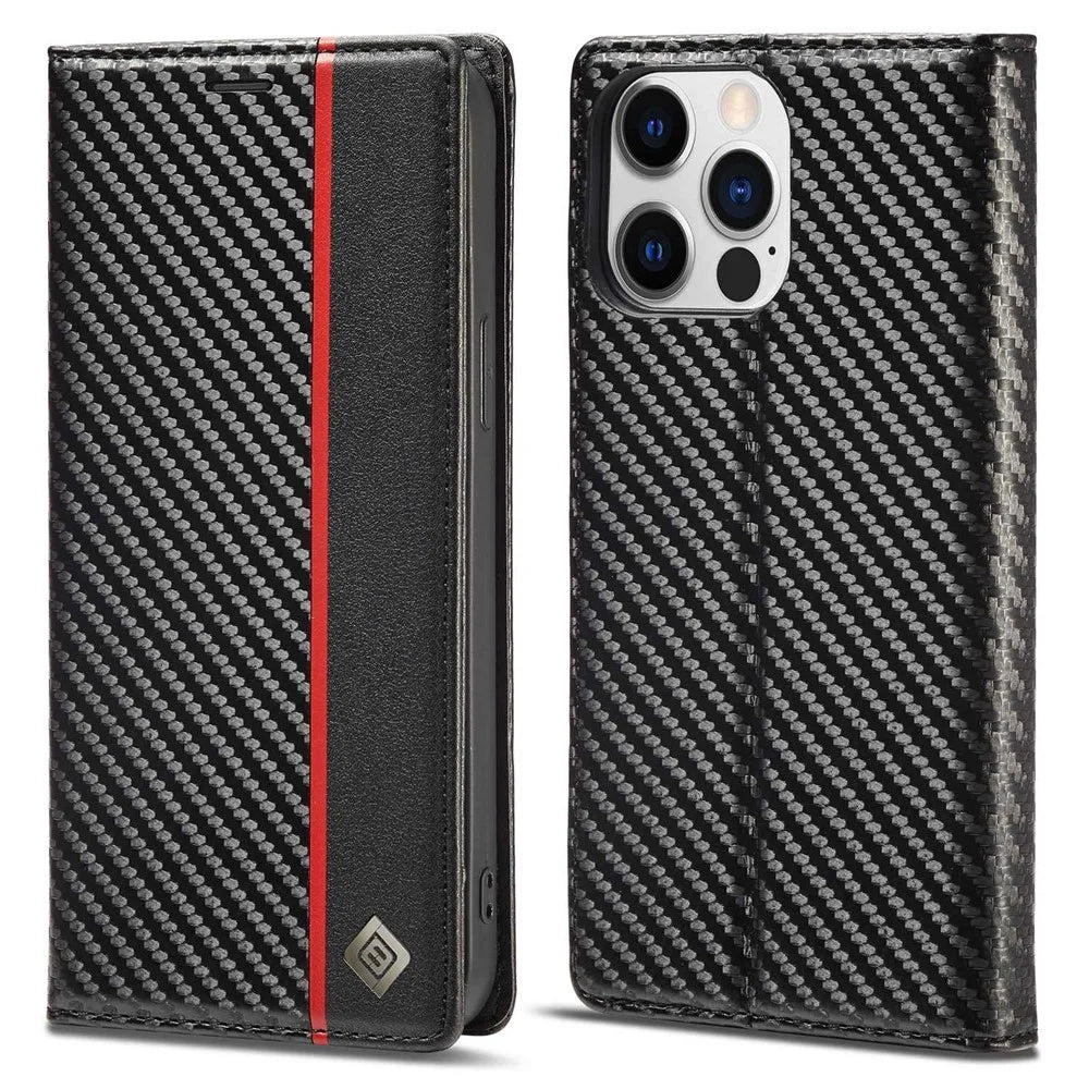 LC.IMEEKE for iPhone 14 Pro 6.1 inch Carbon Fiber Texture PU Leather Anti-drop Cover Magnetic Adsorption Phone Wallet Stand Case - Vertical Stripe - 1