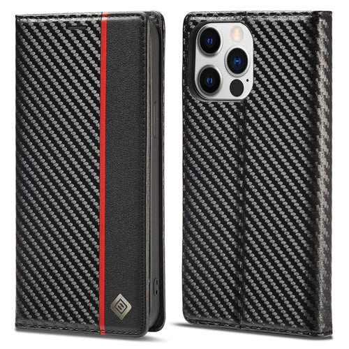 LC.IMEEKE for iPhone 14 Pro 6.1 inch Carbon Fiber Texture PU Leather Anti-drop Cover Magnetic Adsorption Phone Wallet Stand Case - Vertical Stripe - 1