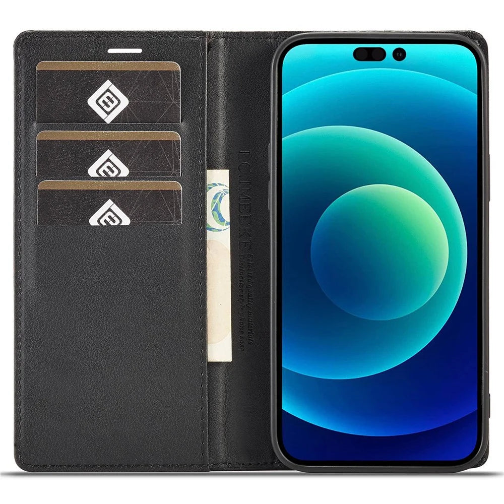 LC.IMEEKE for iPhone 14 Pro 6.1 inch Carbon Fiber Texture PU Leather Anti-drop Cover Magnetic Adsorption Phone Wallet Stand Case - Vertical Stripe - 2
