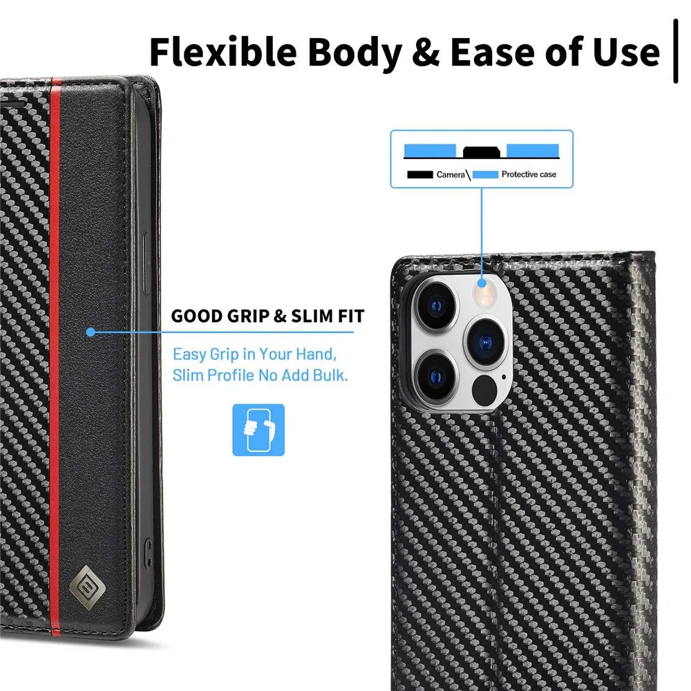 LC.IMEEKE for iPhone 14 Pro 6.1 inch Carbon Fiber Texture PU Leather Anti-drop Cover Magnetic Adsorption Phone Wallet Stand Case - Vertical Stripe - 6