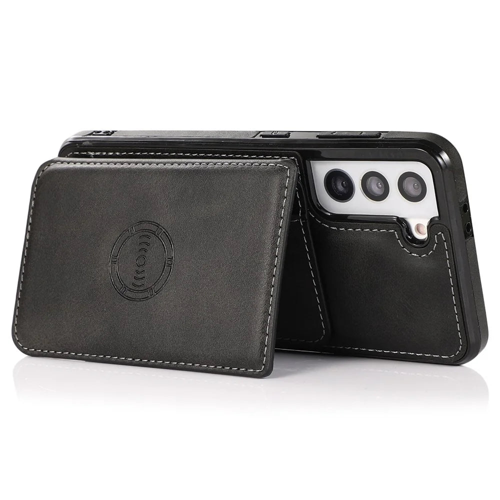 For Samsung Galaxy S22 5G Kickstand Mobile Phone Case Card Slots Design PU Leather + TPU Protective Cover Support Magnetic Car Holder - Black - 2