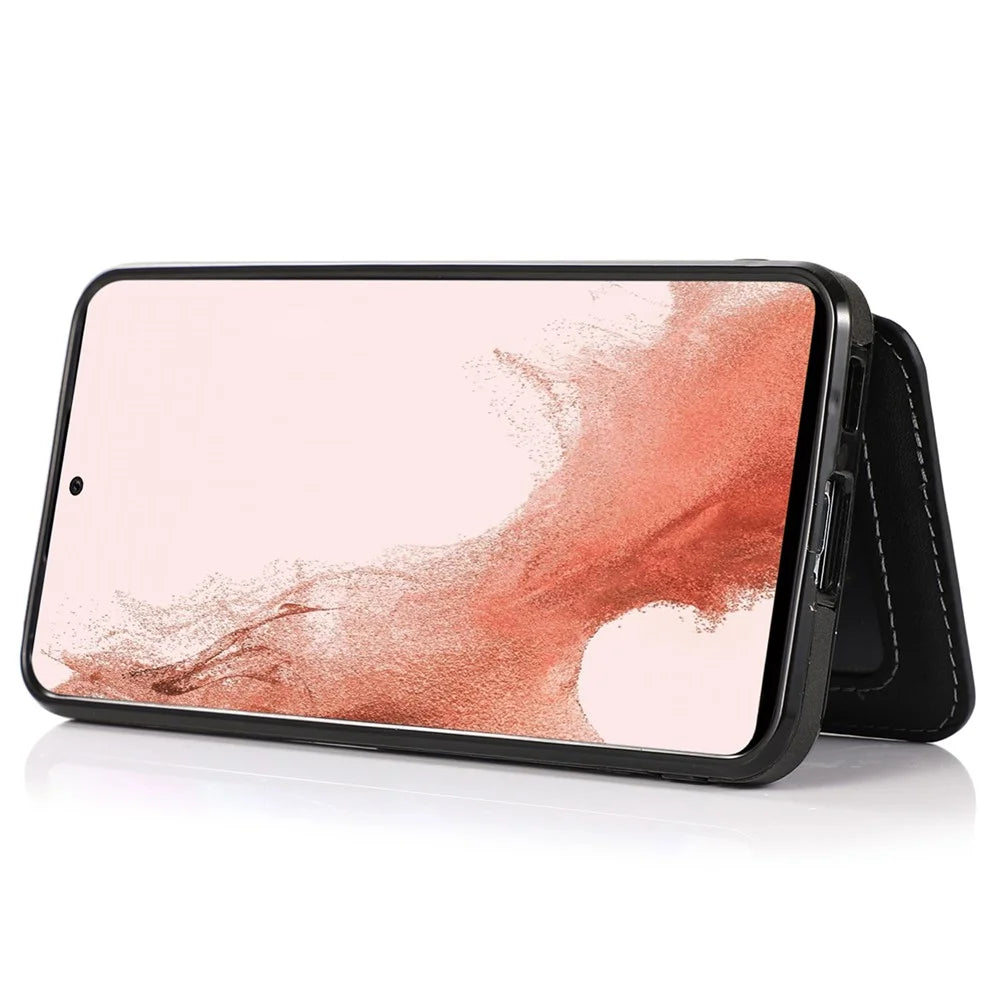 For Samsung Galaxy S22 5G Kickstand Mobile Phone Case Card Slots Design PU Leather + TPU Protective Cover Support Magnetic Car Holder - Black - 3