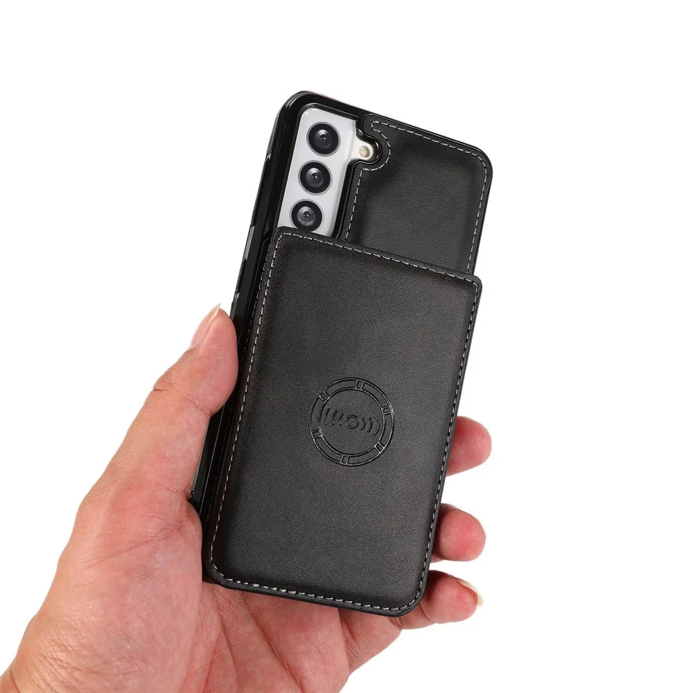 For Samsung Galaxy S22 5G Kickstand Mobile Phone Case Card Slots Design PU Leather + TPU Protective Cover Support Magnetic Car Holder - Black - 4