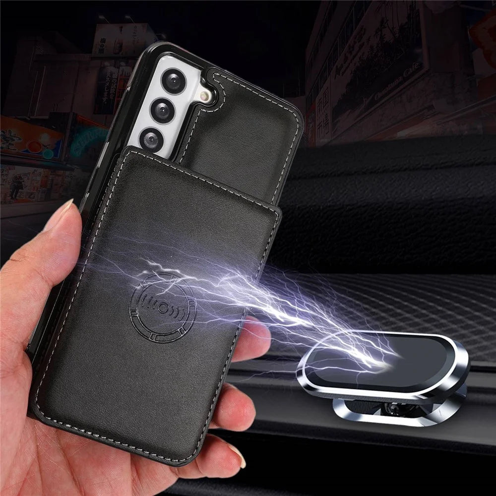 For Samsung Galaxy S22 5G Kickstand Mobile Phone Case Card Slots Design PU Leather + TPU Protective Cover Support Magnetic Car Holder - Black - 5