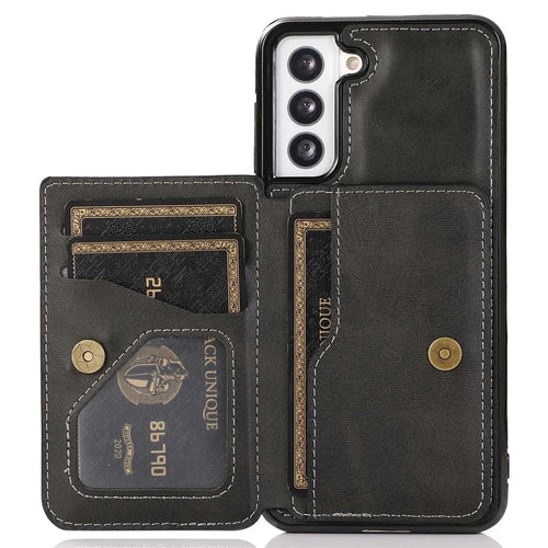 For Samsung Galaxy S22+ 5G Card Slots Design Phone Kickstand Case PU Leather + TPU Drop-proof Cover Support Magnetic Car Holder - Black - 1