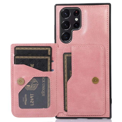 For Samsung Galaxy S22 Ultra 5G Card Slots Design Cellphone Back Case PU Leather + TPU Anti-drop Kickstand Cover Support Magnetic Car Holder - Rose Gold - 1