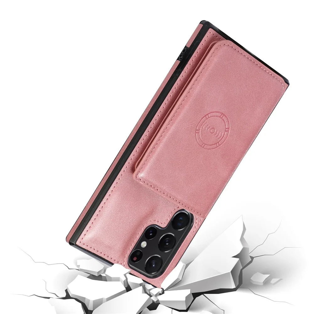 For Samsung Galaxy S22 Ultra 5G Card Slots Design Cellphone Back Case PU Leather + TPU Anti-drop Kickstand Cover Support Magnetic Car Holder - Rose Gold - 4