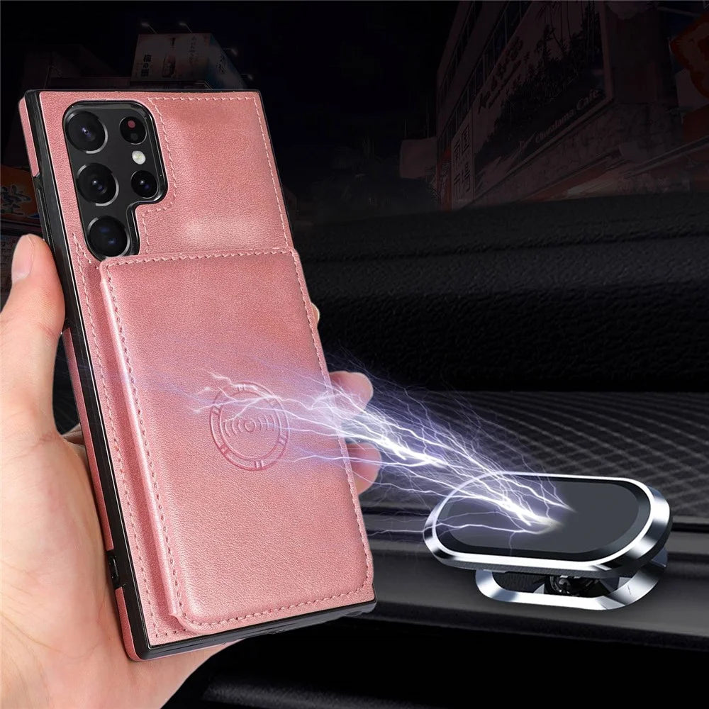 For Samsung Galaxy S22 Ultra 5G Card Slots Design Cellphone Back Case PU Leather + TPU Anti-drop Kickstand Cover Support Magnetic Car Holder - Rose Gold - 6