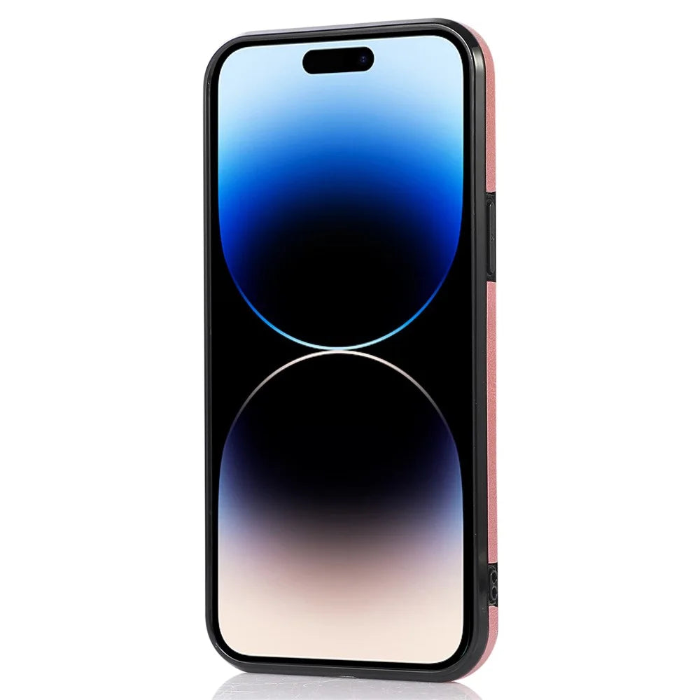 For iPhone 14 Pro Max 6.7 inch Card Slots Phone Kickstand Case PU Leather + TPU Anti-scratch Anti-drop Cover with Magnetic Car Mount Metal Sheet - Rose Gold - 7