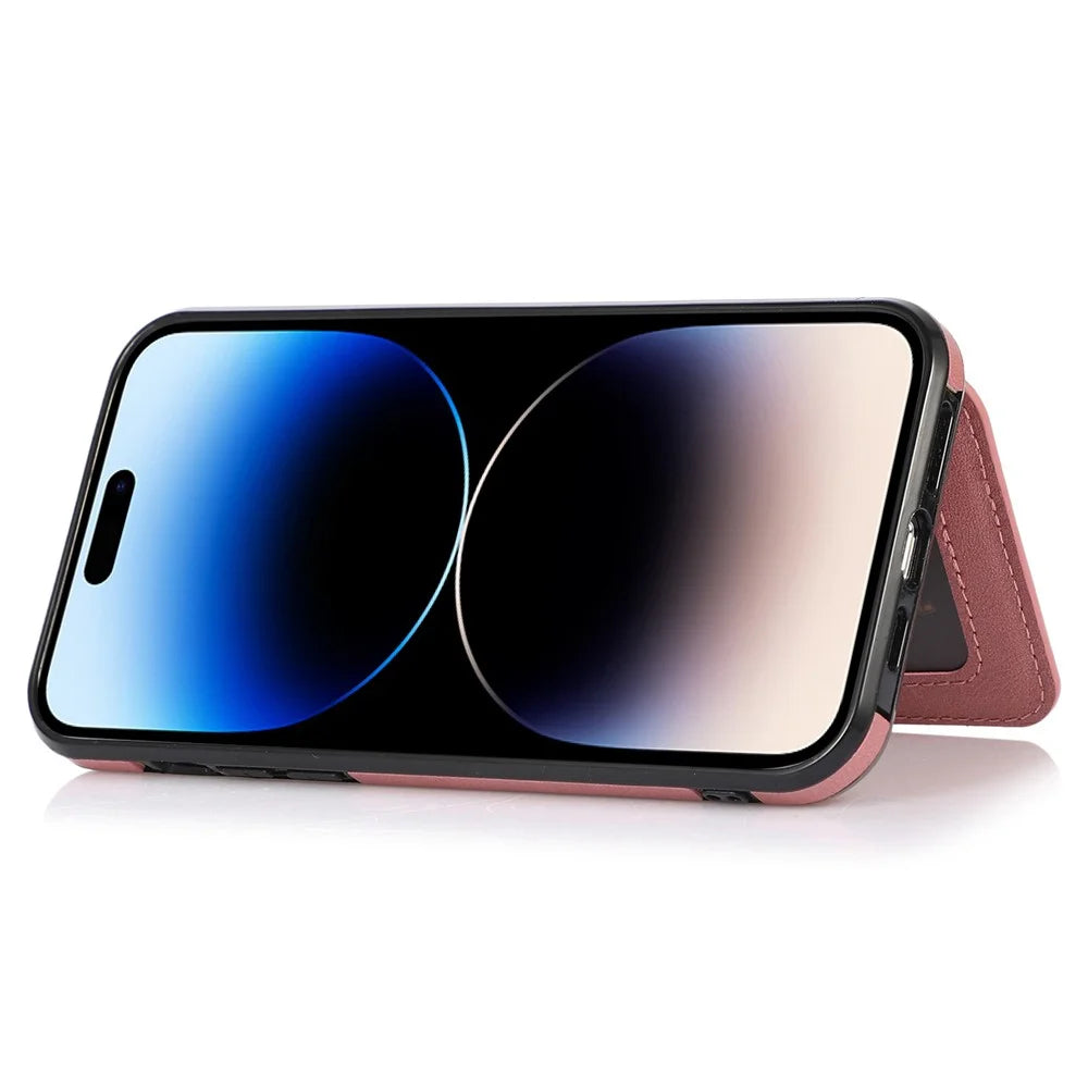 For iPhone 14 Pro 6.1 inch Kickstand Card Holder Design Phone Cover PU Leather + TPU Anti-drop Case with Magnetic Car Mount Metal Sheet - Rose Gold - 3