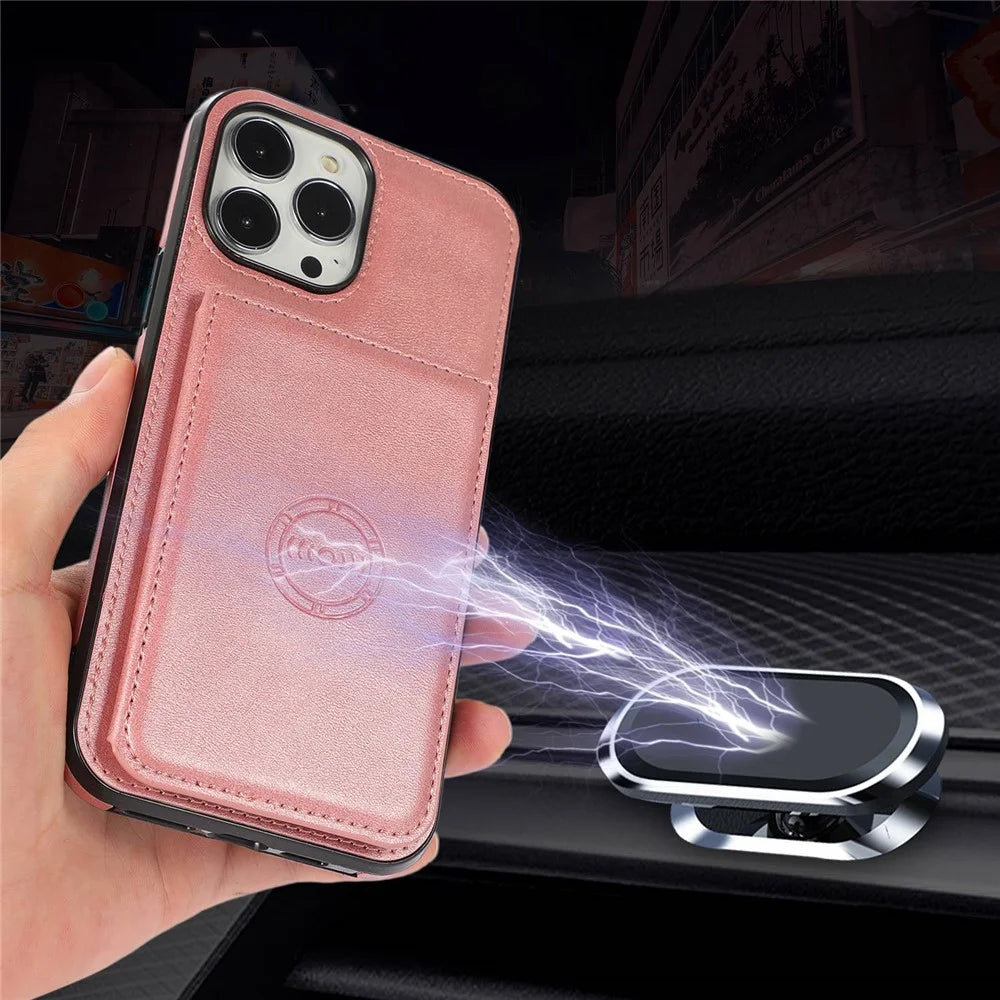 For iPhone 14 Pro 6.1 inch Kickstand Card Holder Design Phone Cover PU Leather + TPU Anti-drop Case with Magnetic Car Mount Metal Sheet - Rose Gold - 6