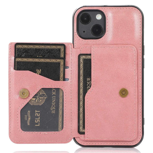 For iPhone 14 Plus Card Slots Kickstand PU Leather + TPU Phone Case Shockproof Anti-scratch Cover with Magnetic Car Mount Metal Sheet - Rose Gold - 1