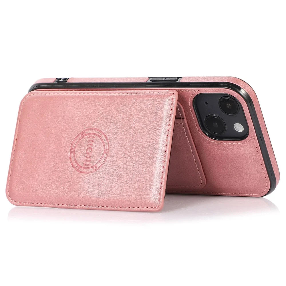 For iPhone 14 Plus Card Slots Kickstand PU Leather + TPU Phone Case Shockproof Anti-scratch Cover with Magnetic Car Mount Metal Sheet - Rose Gold - 2