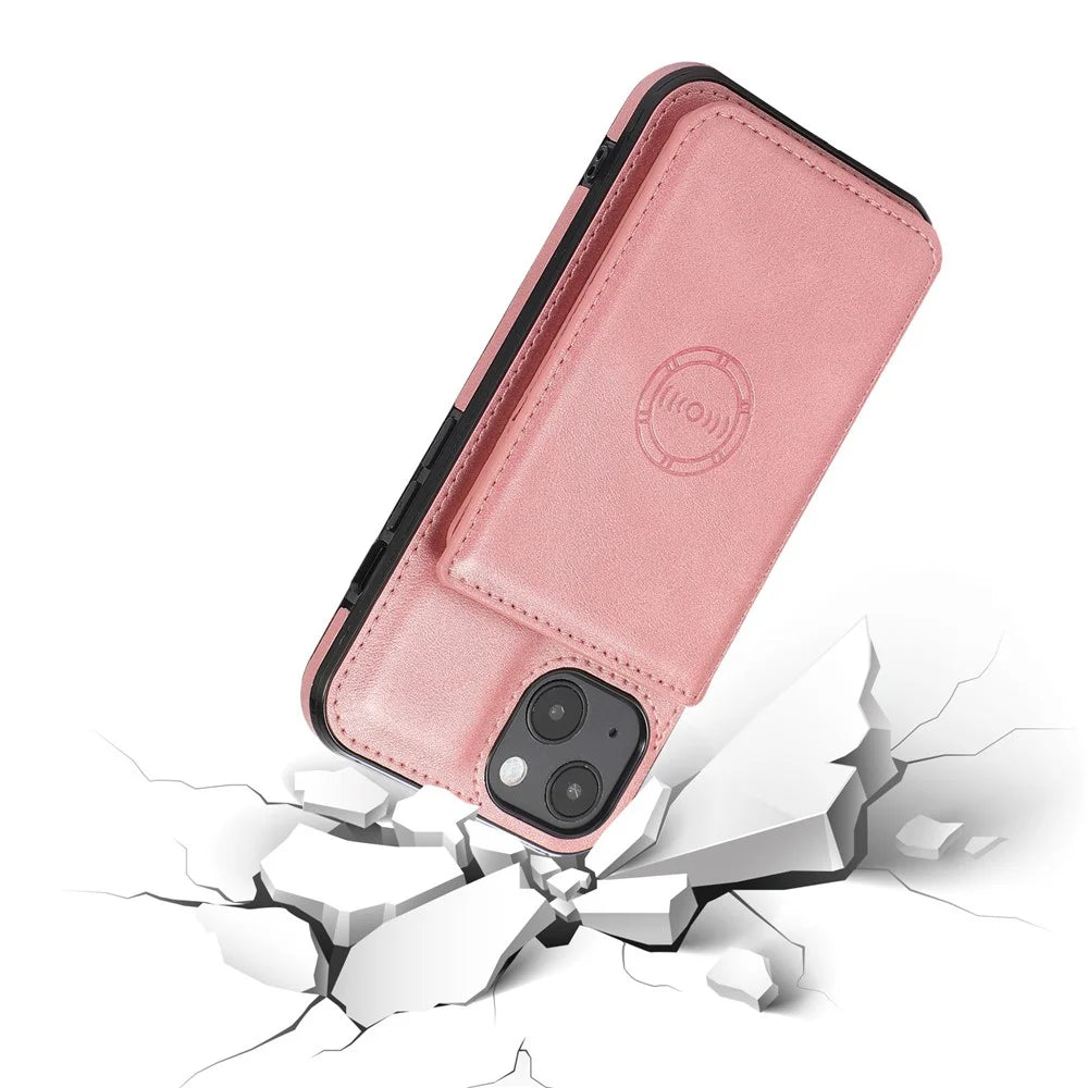For iPhone 14 Plus Card Slots Kickstand PU Leather + TPU Phone Case Shockproof Anti-scratch Cover with Magnetic Car Mount Metal Sheet - Rose Gold - 4