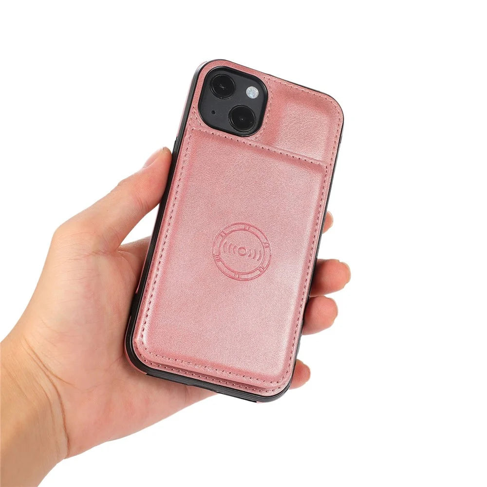 For iPhone 14 Plus Card Slots Kickstand PU Leather + TPU Phone Case Shockproof Anti-scratch Cover with Magnetic Car Mount Metal Sheet - Rose Gold - 5