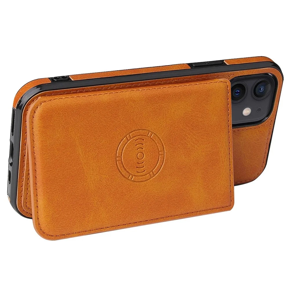 For iPhone 12 6.1 inch / 12 Pro 6.1 inch PU Leather + TPU Phone Protective Case Card Holder Kickstand Back Cover with Magnetic Car Mount Metal Sheet - Brown - 3