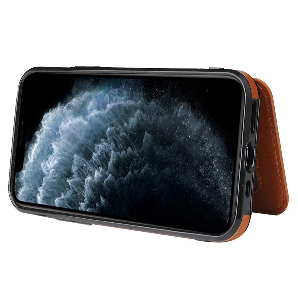 For iPhone 12 6.1 inch / 12 Pro 6.1 inch PU Leather + TPU Phone Protective Case Card Holder Kickstand Back Cover with Magnetic Car Mount Metal Sheet - Brown - 4