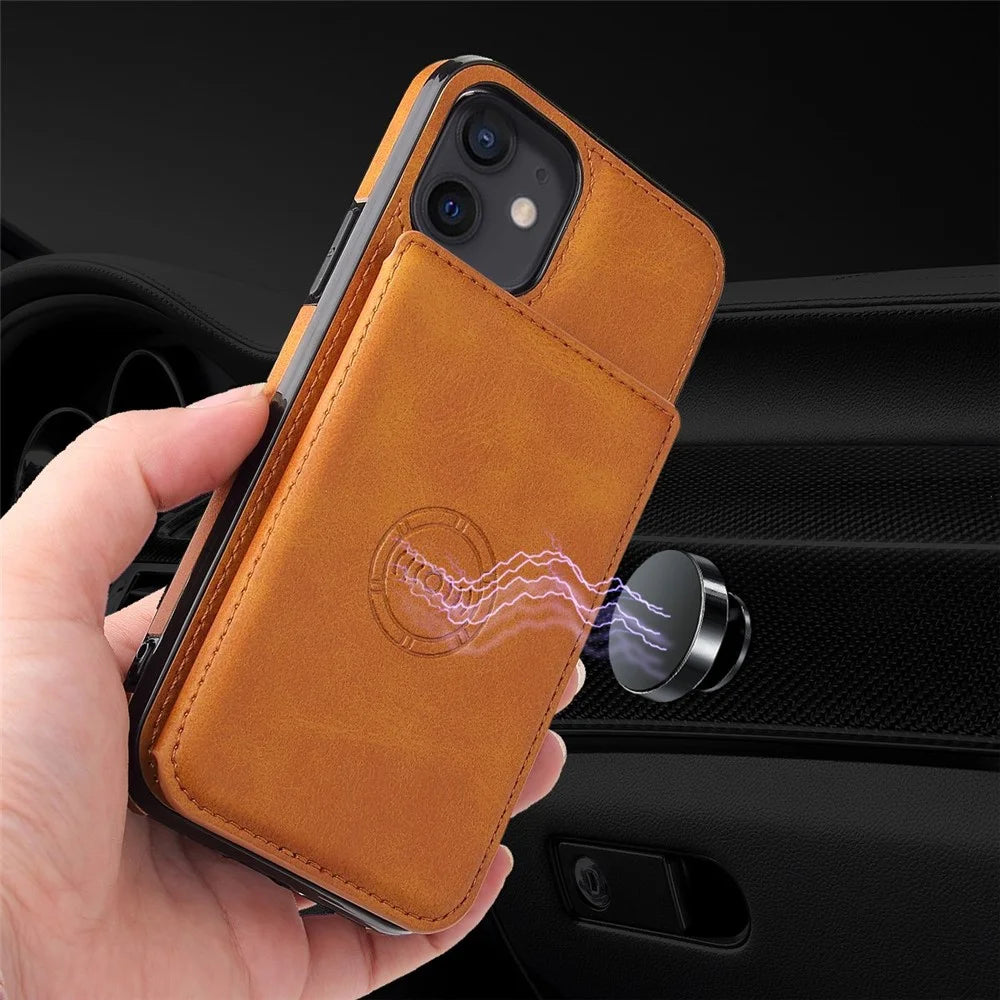For iPhone 12 6.1 inch / 12 Pro 6.1 inch PU Leather + TPU Phone Protective Case Card Holder Kickstand Back Cover with Magnetic Car Mount Metal Sheet - Brown - 5