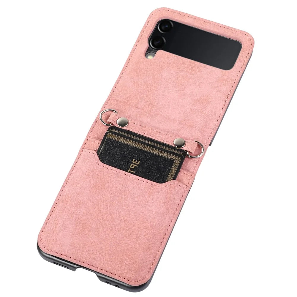 For Samsung Galaxy Z Flip4 5G Protective Phone Cover Card Holder Design Anti-wear PU Leather + PC Phone Case with Long Lanyard - Pink - 1
