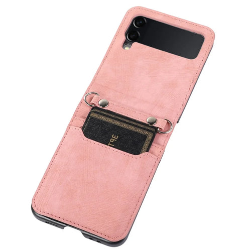 For Samsung Galaxy Z Flip4 5G Protective Phone Cover Card Holder Design Anti-wear PU Leather + PC Phone Case with Long Lanyard - Pink - 1