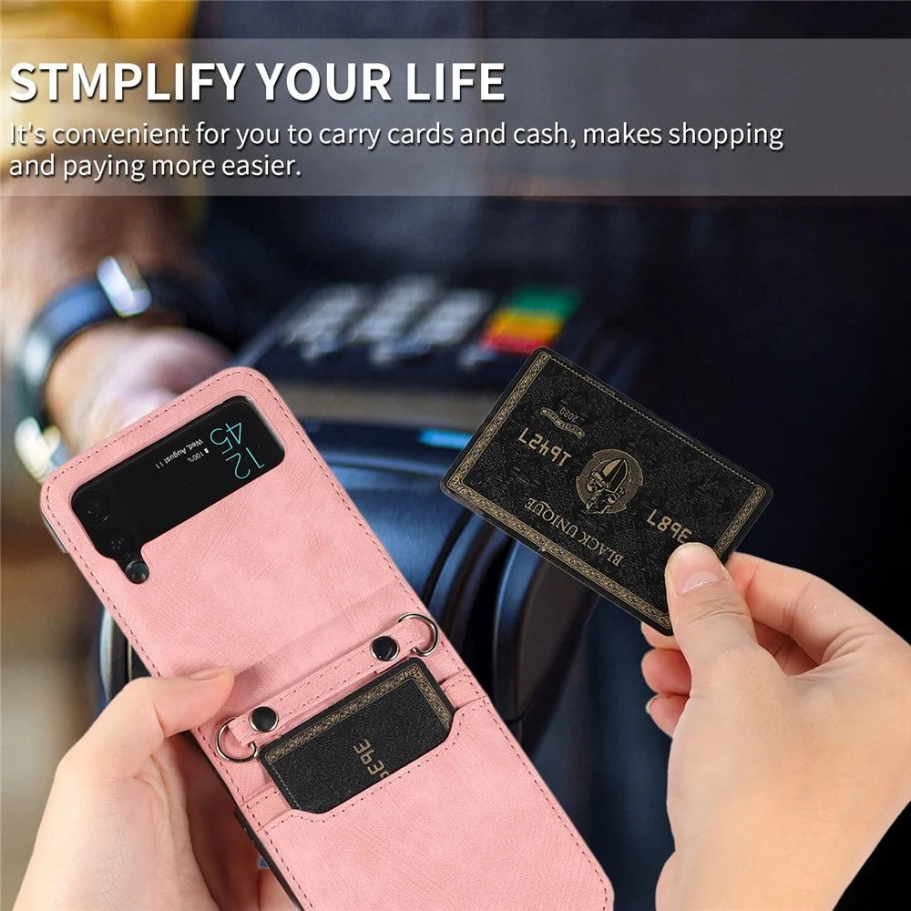 For Samsung Galaxy Z Flip4 5G Protective Phone Cover Card Holder Design Anti-wear PU Leather + PC Phone Case with Long Lanyard - Pink - 2