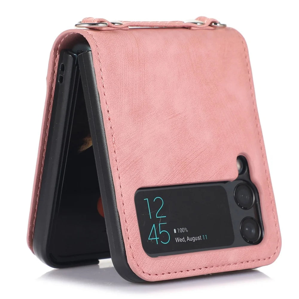 For Samsung Galaxy Z Flip4 5G Protective Phone Cover Card Holder Design Anti-wear PU Leather + PC Phone Case with Long Lanyard - Pink - 4