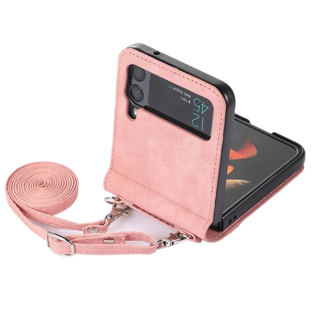 For Samsung Galaxy Z Flip4 5G Protective Phone Cover Card Holder Design Anti-wear PU Leather + PC Phone Case with Long Lanyard - Pink - 5