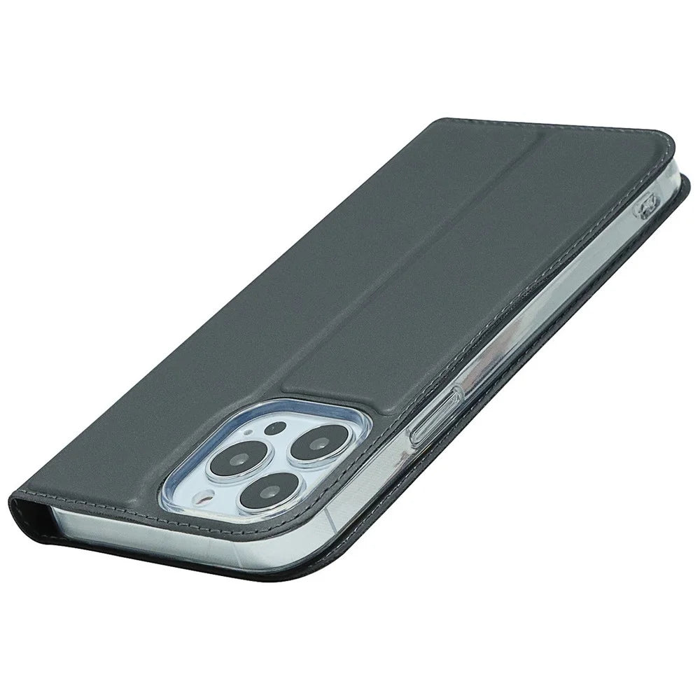 For iPhone 14 Pro Max 6.7 inch PU Leather Stand Case Card Slot Design Magnetic Adsorption Shockproof Phone Cover - Black - 6