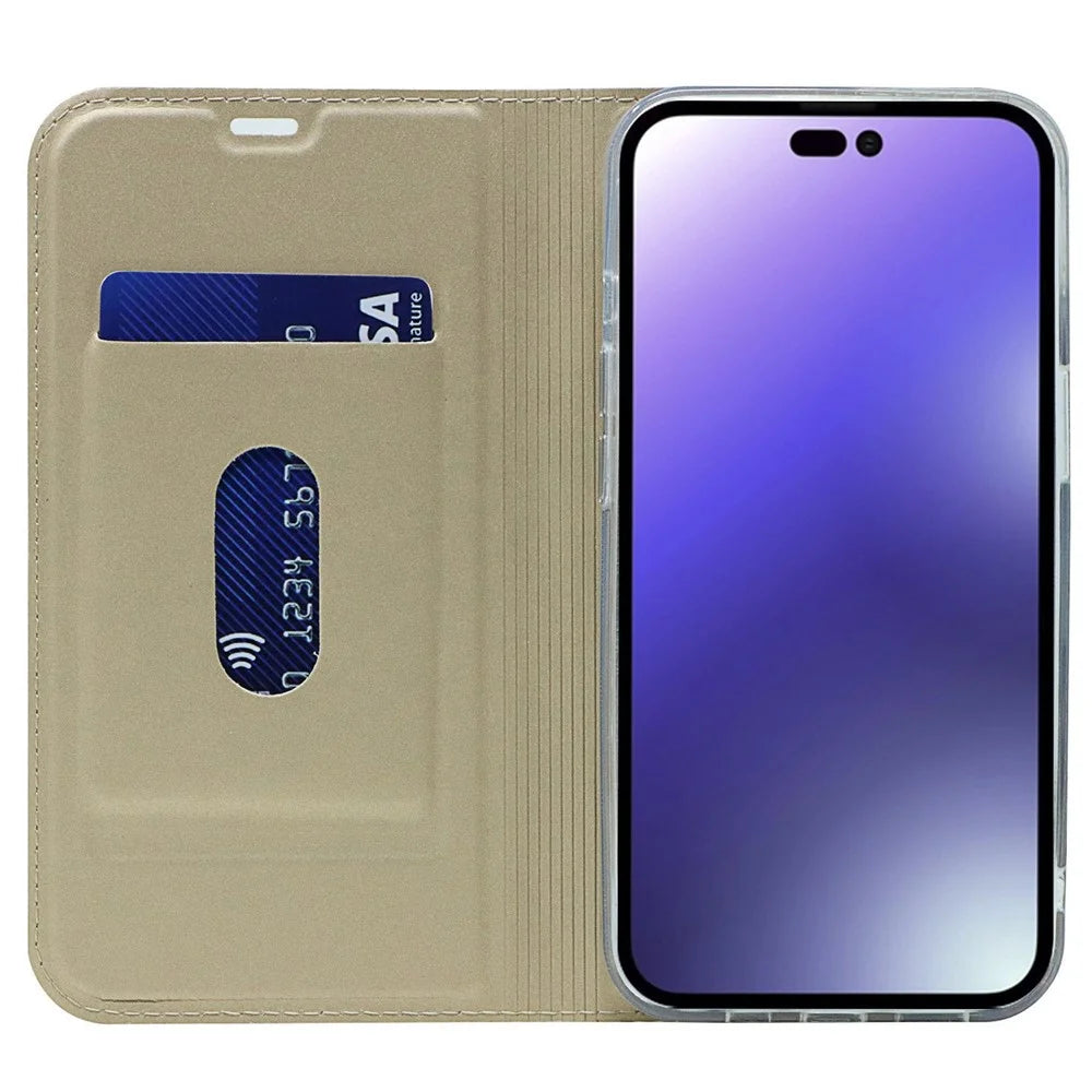 For iPhone 14 Pro 6.1 inch PU Leather Card Holder Case Magnetic Adsorption Phone Stand Cover Shell - Gold - 2