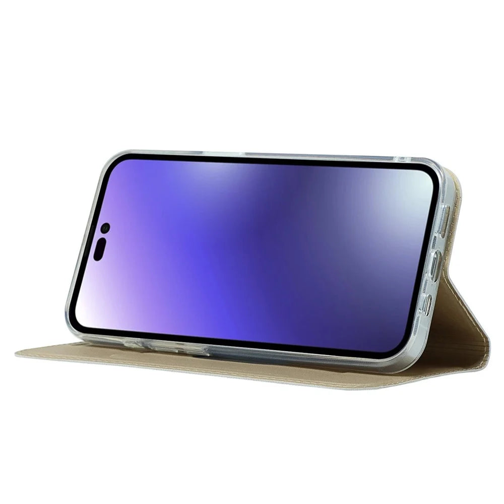 For iPhone 14 Pro 6.1 inch PU Leather Card Holder Case Magnetic Adsorption Phone Stand Cover Shell - Gold - 3