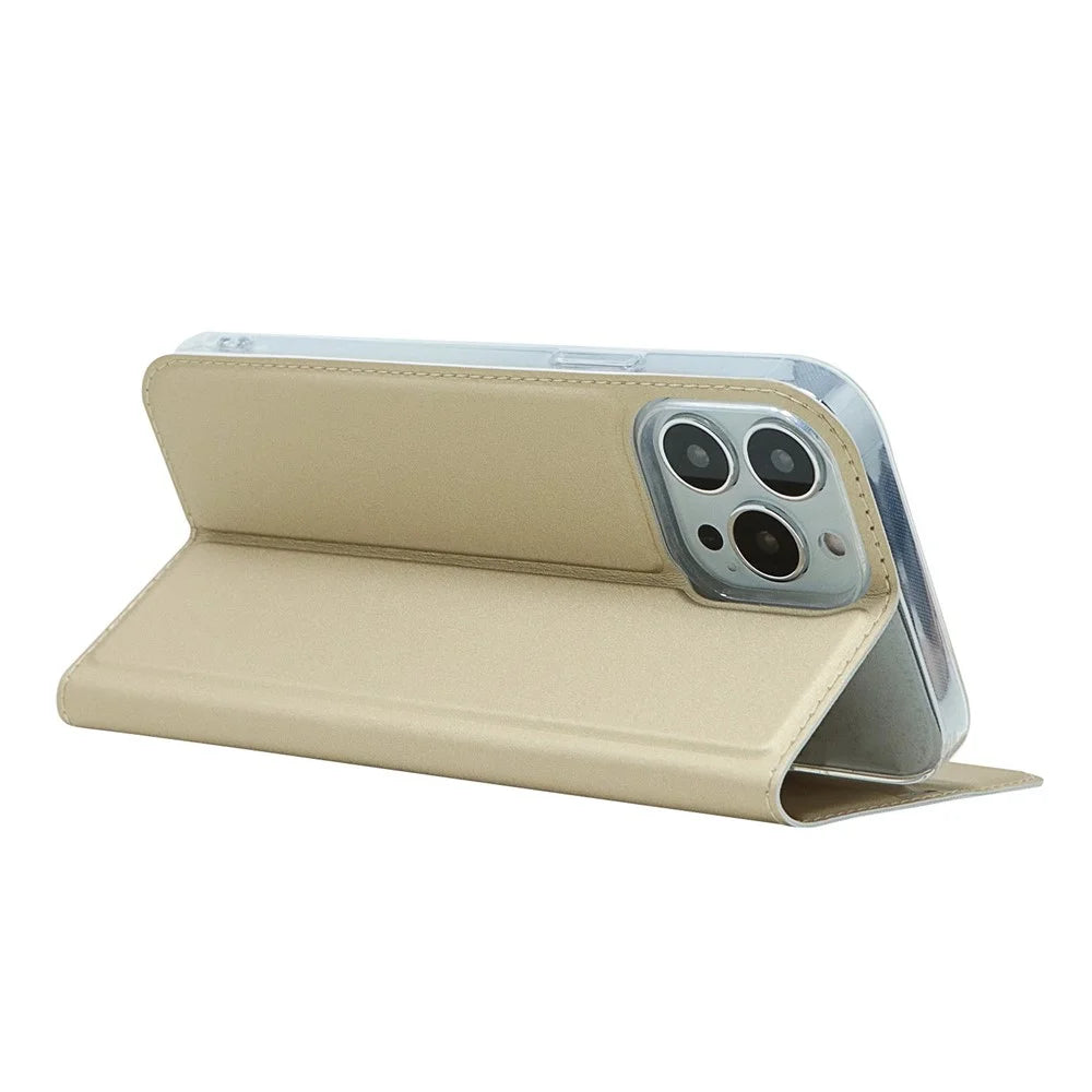 For iPhone 14 Pro 6.1 inch PU Leather Card Holder Case Magnetic Adsorption Phone Stand Cover Shell - Gold - 4