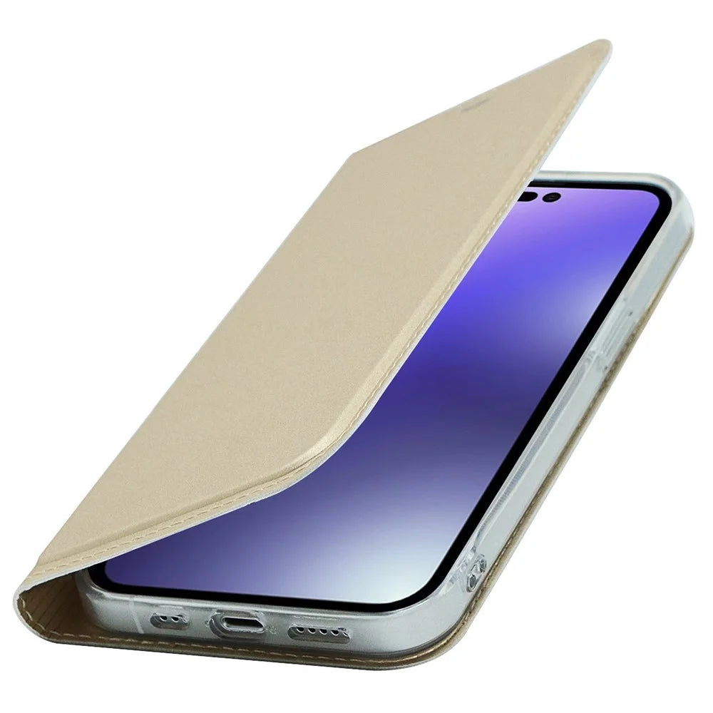 For iPhone 14 Pro 6.1 inch PU Leather Card Holder Case Magnetic Adsorption Phone Stand Cover Shell - Gold - 5