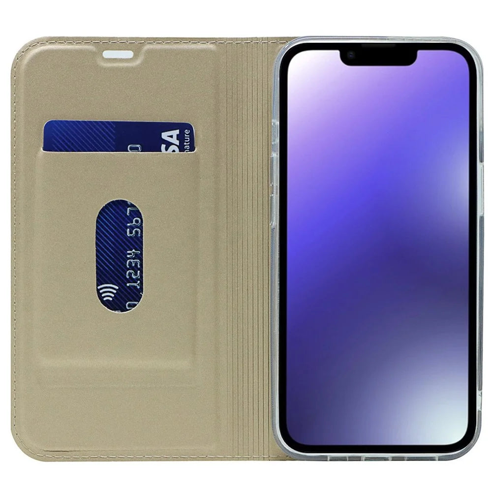 For iPhone 14 6.1 inch PU Leather Stand Case Magnetic Adsorption Phone Drop-proof Cover with Card Slot - Gold - 2