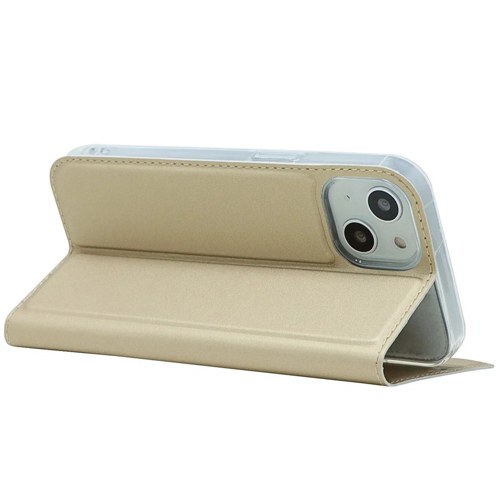 For iPhone 14 6.1 inch PU Leather Stand Case Magnetic Adsorption Phone Drop-proof Cover with Card Slot - Gold - 3