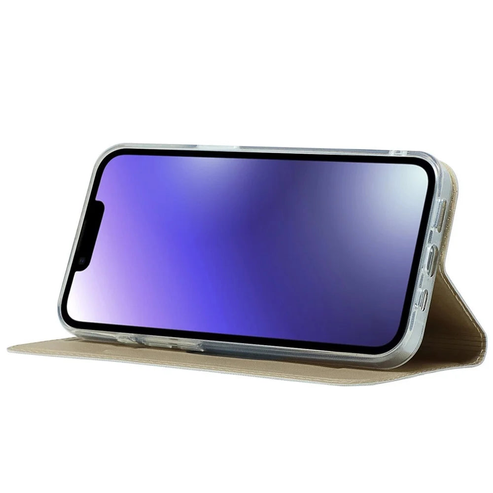 For iPhone 14 6.1 inch PU Leather Stand Case Magnetic Adsorption Phone Drop-proof Cover with Card Slot - Gold - 4