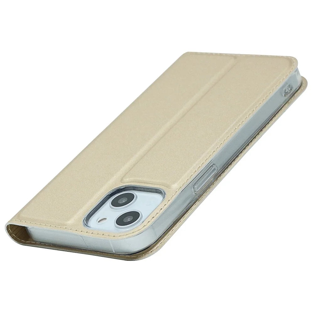 For iPhone 14 6.1 inch PU Leather Stand Case Magnetic Adsorption Phone Drop-proof Cover with Card Slot - Gold - 5