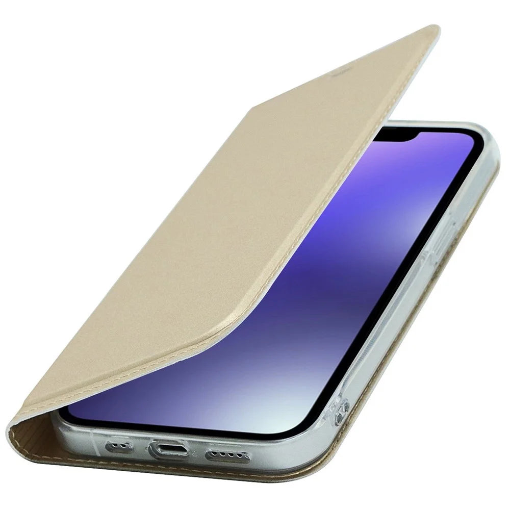 For iPhone 14 6.1 inch PU Leather Stand Case Magnetic Adsorption Phone Drop-proof Cover with Card Slot - Gold - 6