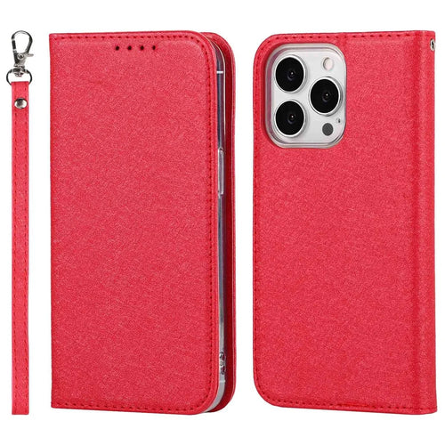 For iPhone 14 Pro Max 6.7 inch Wear-resistant PU Leather Silk Texture Wallet Phone Case Stand Protector with Wrist Strap - Red - 1