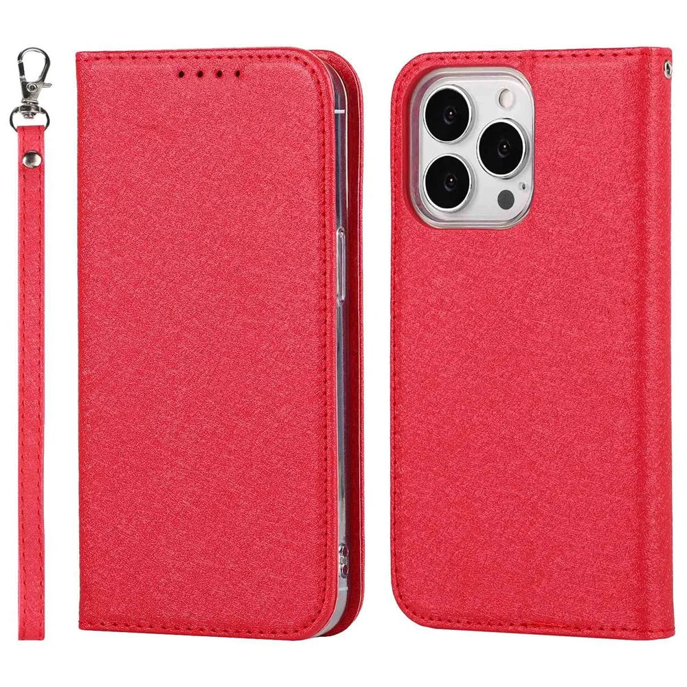 For iPhone 14 Pro Max 6.7 inch Wear-resistant PU Leather Silk Texture Wallet Phone Case Stand Protector with Wrist Strap - Red - 1