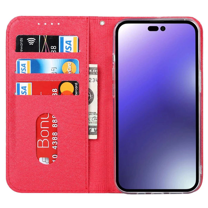 For iPhone 14 Pro Max 6.7 inch Wear-resistant PU Leather Silk Texture Wallet Phone Case Stand Protector with Wrist Strap - Red - 2