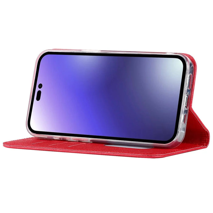 For iPhone 14 Pro Max 6.7 inch Wear-resistant PU Leather Silk Texture Wallet Phone Case Stand Protector with Wrist Strap - Red - 3