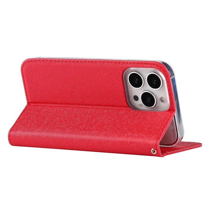 For iPhone 14 Pro Max 6.7 inch Wear-resistant PU Leather Silk Texture Wallet Phone Case Stand Protector with Wrist Strap - Red - 4
