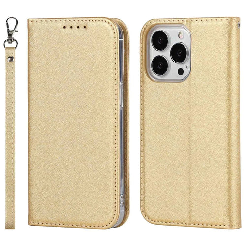 For iPhone 14 Pro 6.1 inch PU Leather Silk Texture Anti-fall Phone Case Stand Full Body Protection Wallet Cover with Wrist Strap - Gold - 1