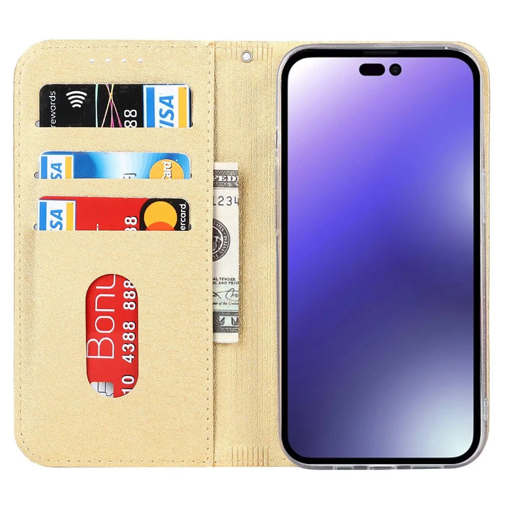 For iPhone 14 Pro 6.1 inch PU Leather Silk Texture Anti-fall Phone Case Stand Full Body Protection Wallet Cover with Wrist Strap - Gold - 2