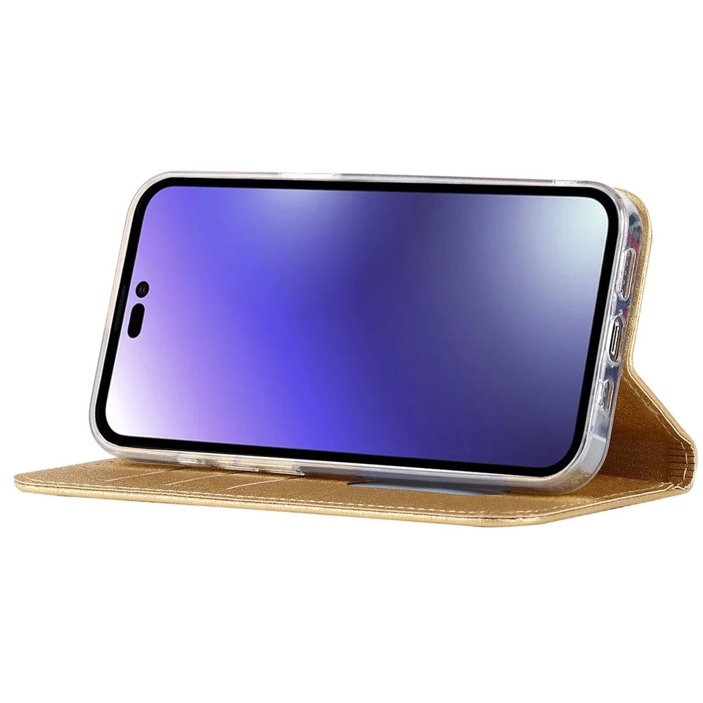 For iPhone 14 Pro 6.1 inch PU Leather Silk Texture Anti-fall Phone Case Stand Full Body Protection Wallet Cover with Wrist Strap - Gold - 3