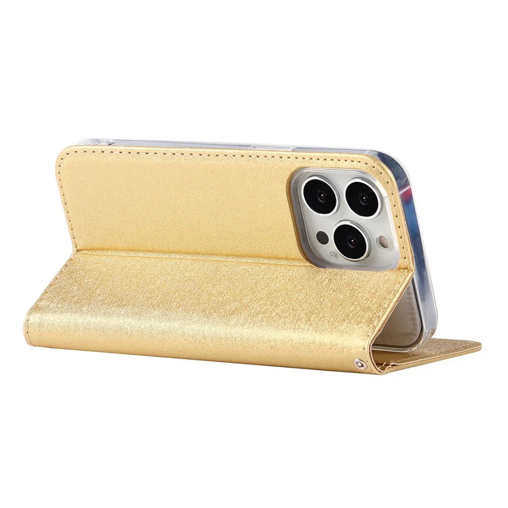 For iPhone 14 Pro 6.1 inch PU Leather Silk Texture Anti-fall Phone Case Stand Full Body Protection Wallet Cover with Wrist Strap - Gold - 4