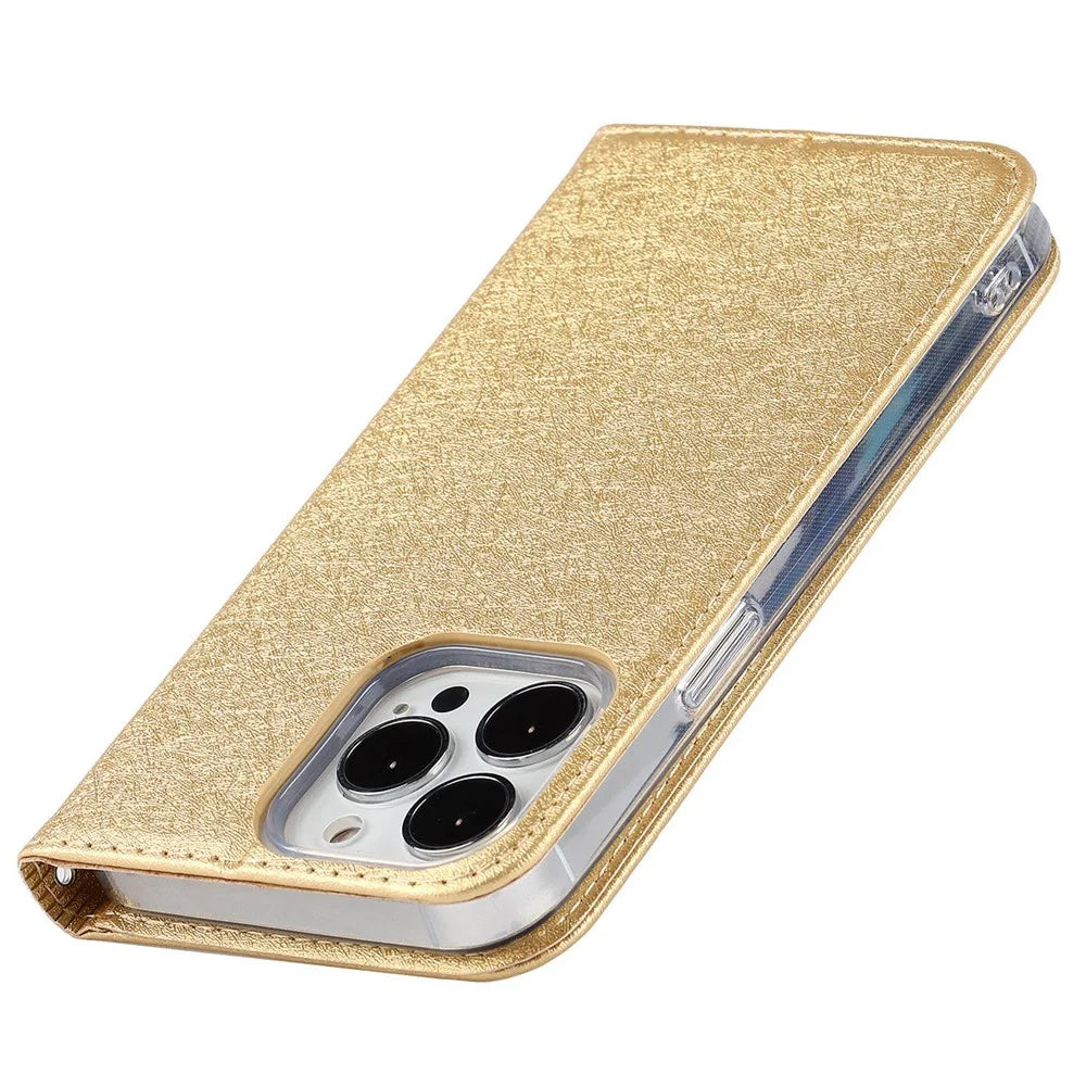 For iPhone 14 Pro 6.1 inch PU Leather Silk Texture Anti-fall Phone Case Stand Full Body Protection Wallet Cover with Wrist Strap - Gold - 5