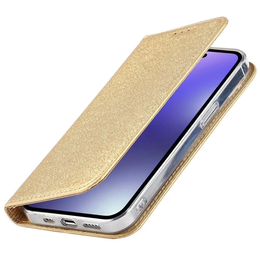 For iPhone 14 Pro 6.1 inch PU Leather Silk Texture Anti-fall Phone Case Stand Full Body Protection Wallet Cover with Wrist Strap - Gold - 6
