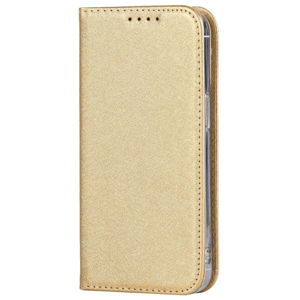 For iPhone 14 Pro 6.1 inch PU Leather Silk Texture Anti-fall Phone Case Stand Full Body Protection Wallet Cover with Wrist Strap - Gold - 7